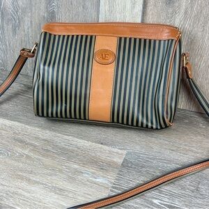 Vintage Allen Edward Striped Shoulder Bag • Tan Leather • Gold Logo Charm